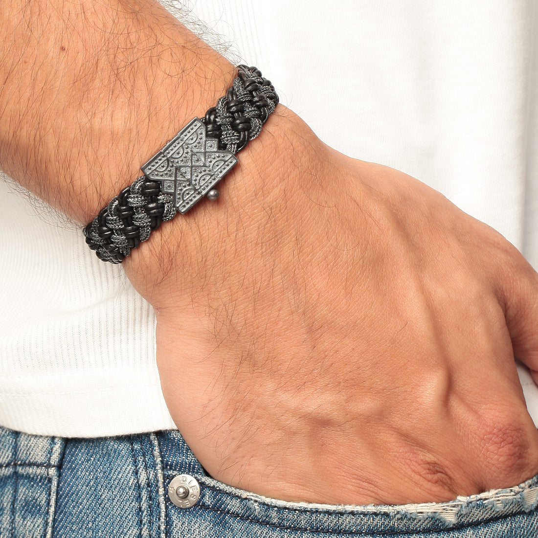 Black Leather Braided Bracelet Thick