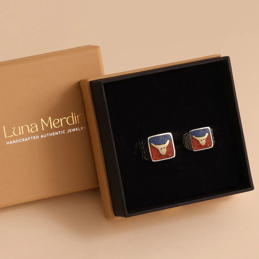 Lapis&Coral Bull Filigree Ring Couple Set