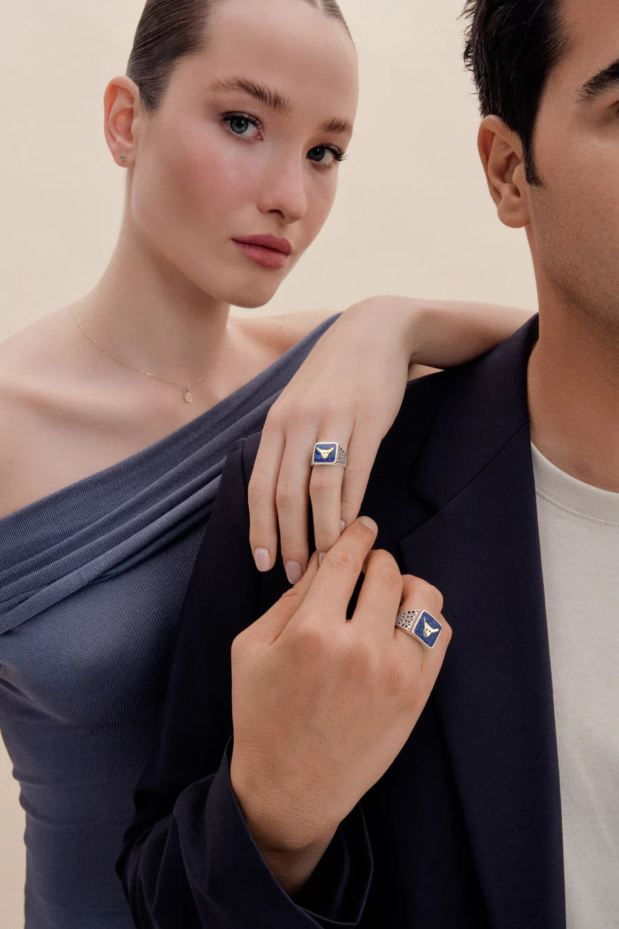 Lapis Bull Filigree Ring Couple Set