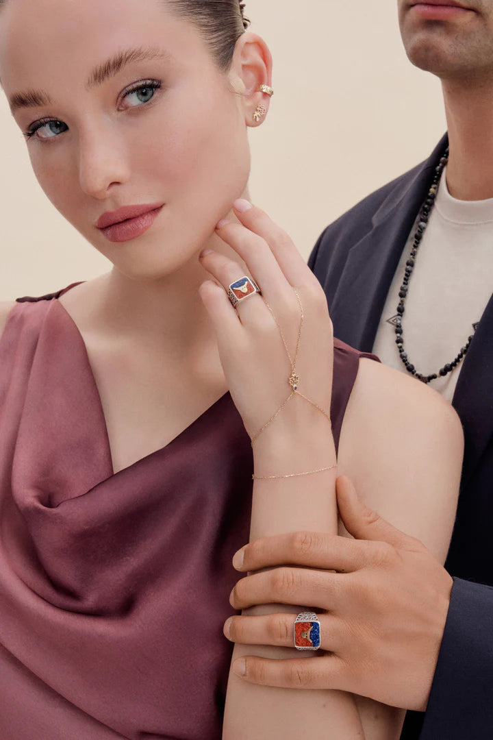 Lapis&Coral Bull Filigree Ring Couple Set