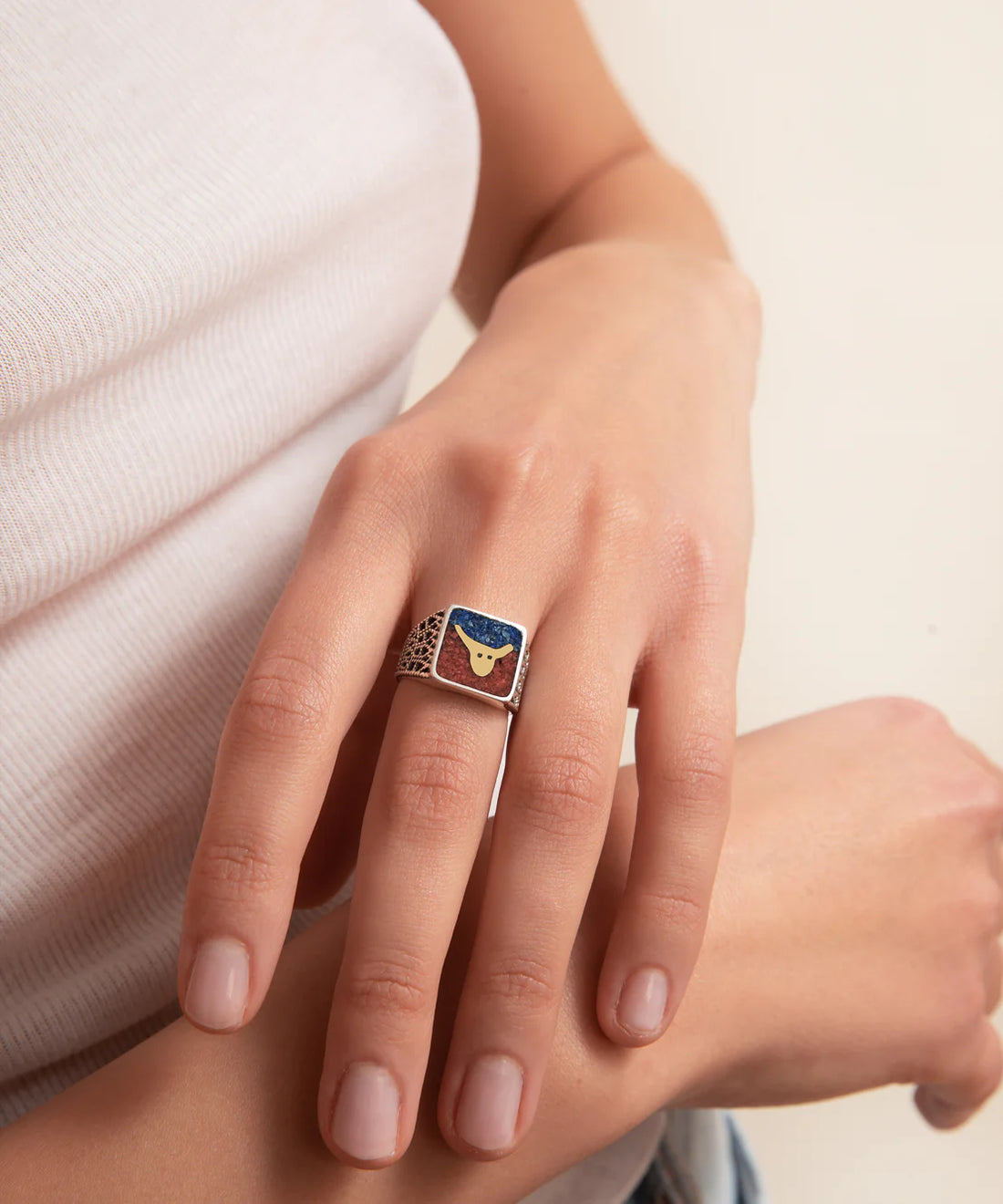Lapis&Coral Bull Filigree Ring Couple Set