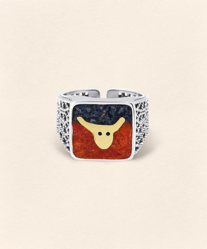 Lapis&Coral Bull Filigree Ring Couple Set