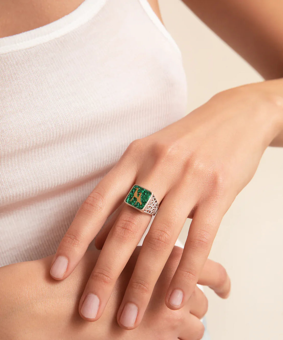 Malachites Crane Filigree Ring Silver Couple Set
