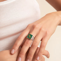 Malachites Crane Filigree Ring Silver Couple Set