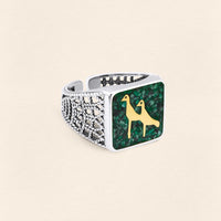 Malachites Crane Filigree Ring Silver Couple Set