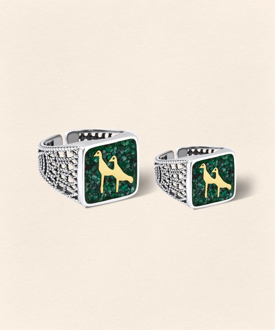 Malachites Crane Filigree Ring Silver Couple Set