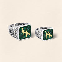 Malachites Crane Filigree Ring Silver Couple Set