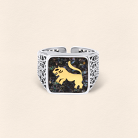 Black Pearl Lion Filigree Ring Silver Couple Set