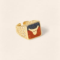 Lapis & Coral Bull Filigree Gold Ring - Men