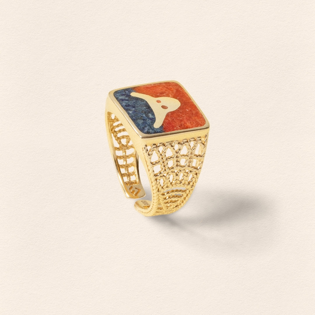 Lapis & Coral Bull Filigree Gold Ring - Men