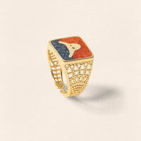Lapis & Coral Bull Filigree Gold Ring - Men