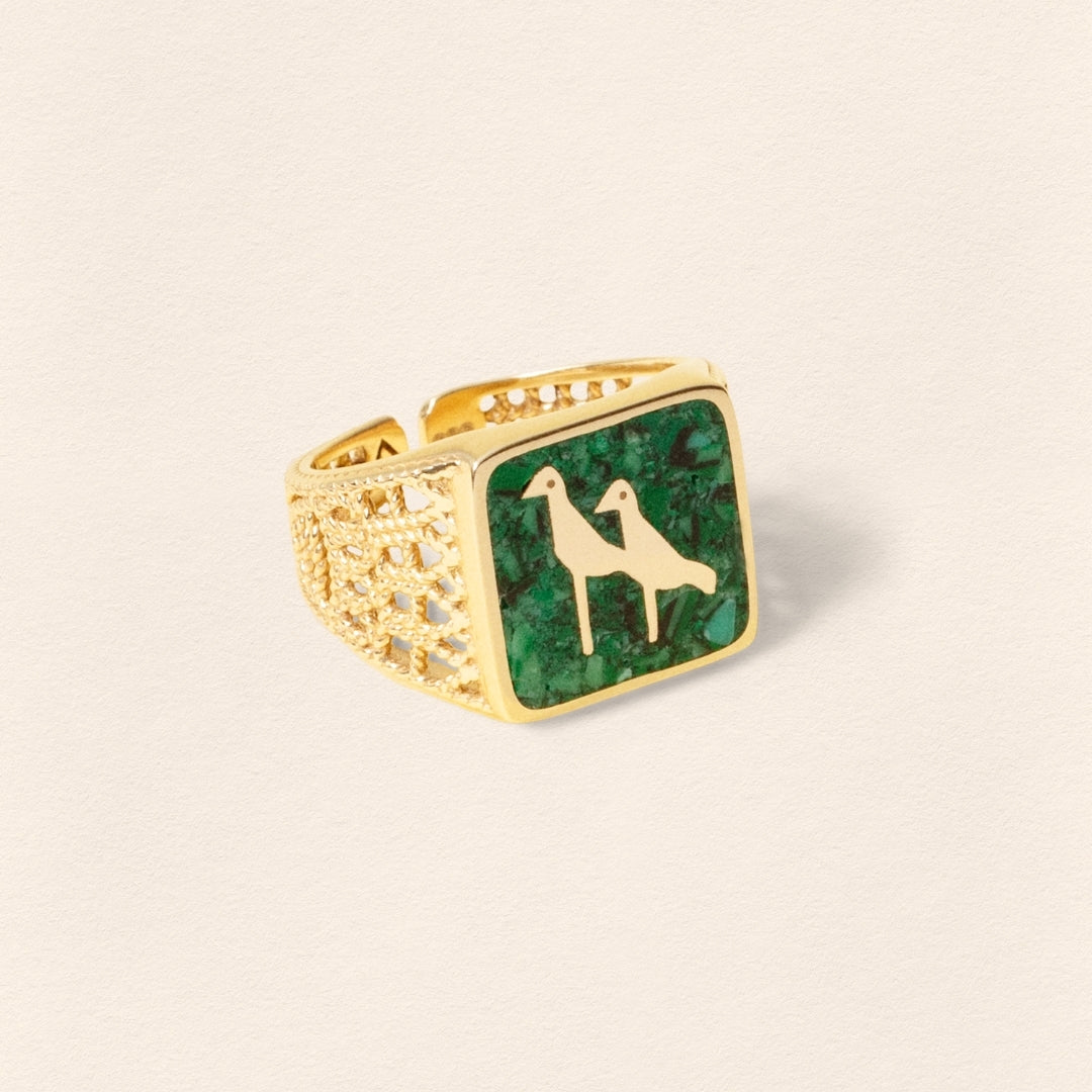 Malachite Crane Filigree Unisex Gold Ring