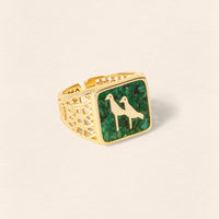 Malachite Crane Filigree Unisex Gold Ring