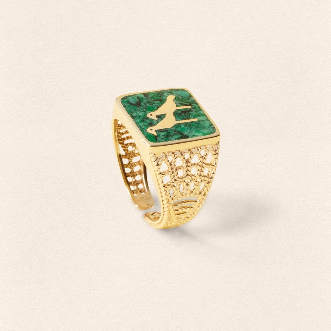 Malachite Crane Filigree Unisex Gold Ring