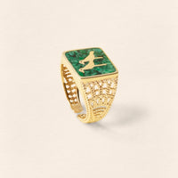 Malachite Crane Filigree Unisex Gold Ring