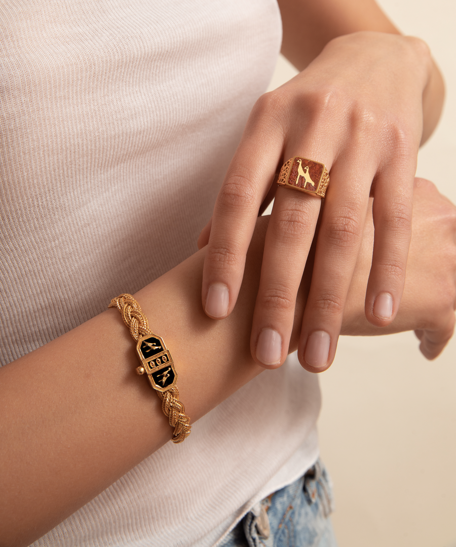 Cansu Tosun - Crane Thin Braided Bracelet - Coral Crane Filigree Ring