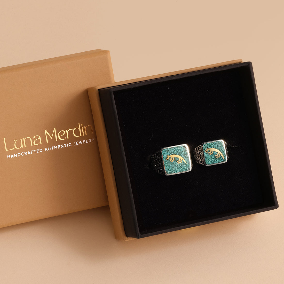 Turquoise Fox Filigree Ring Couple Set