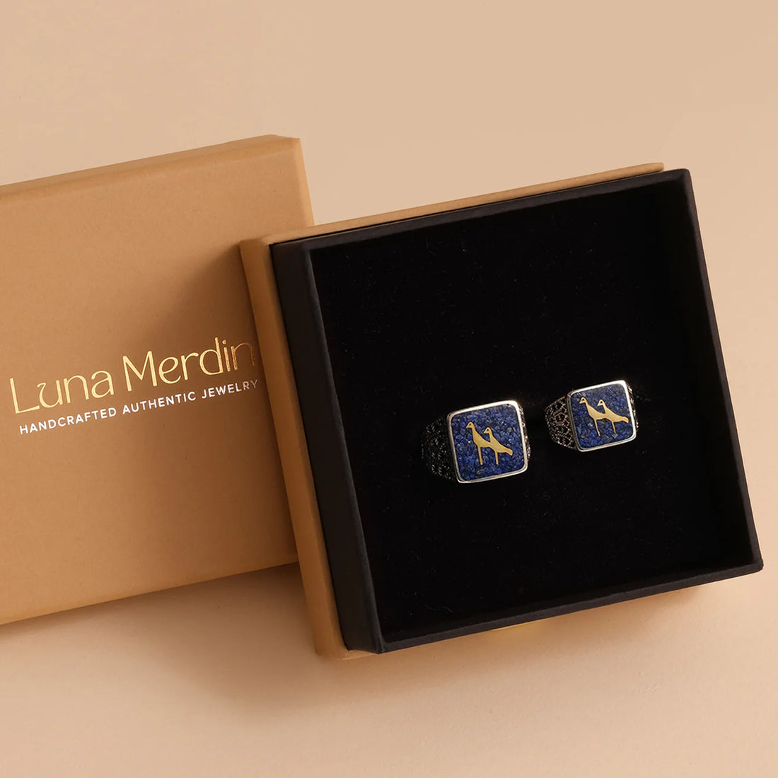 Lapis Crane Filigree Ring Silver Couple Set
