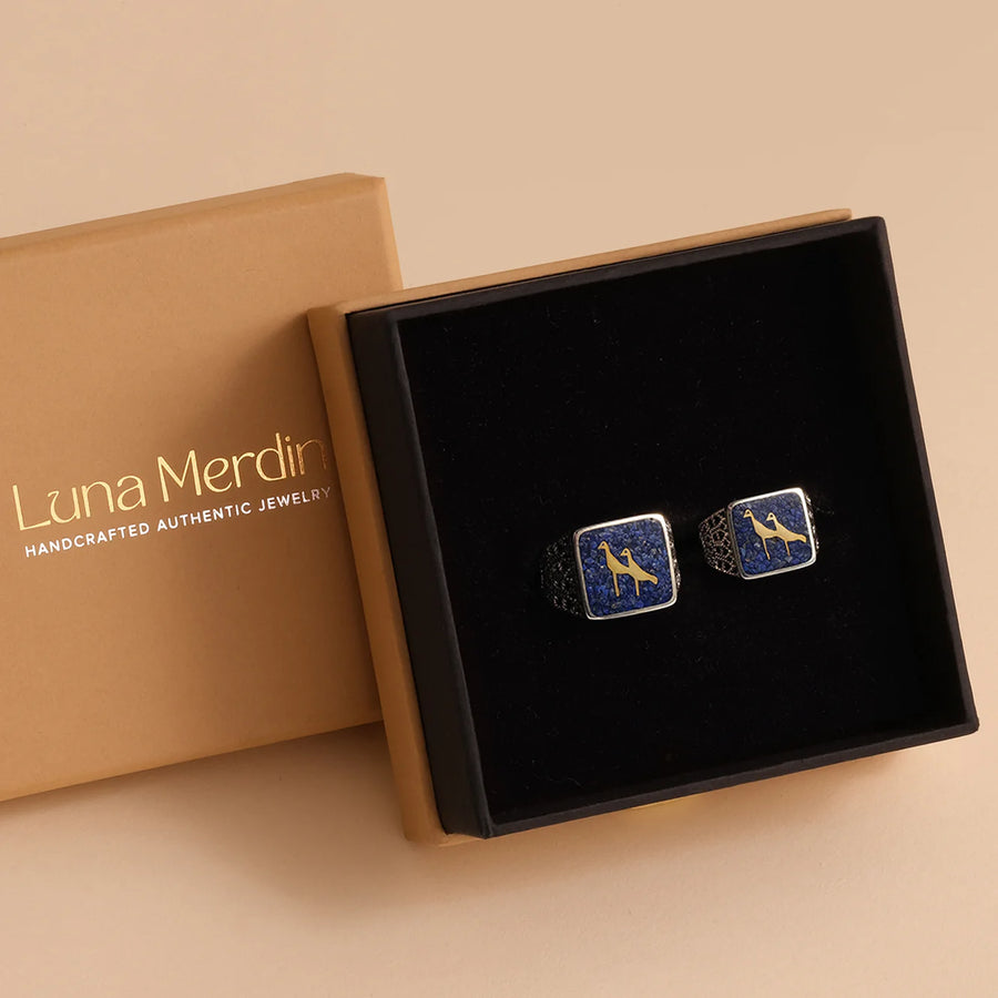Lapis Crane Filigree Ring Silver Couple Set