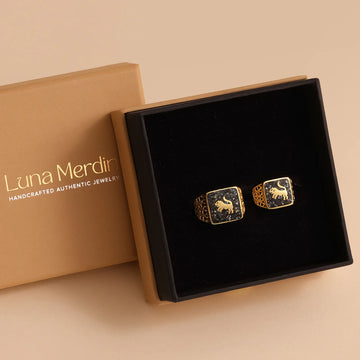 Black Pearl Lion Filigree Ring Couple Set