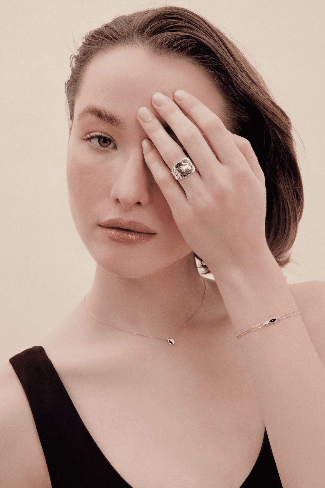 Black Pearl Lion Filigree Ring Silver Couple Set