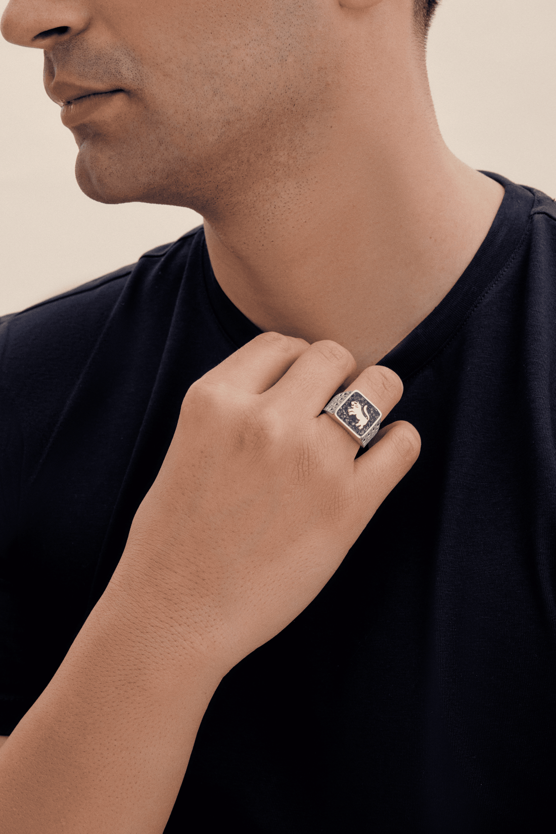 Black Pearl Lion Filigree Ring Silver Couple Set