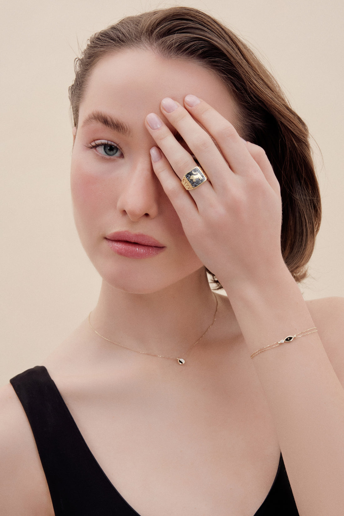 Black Pearl Lion Filigree Ring Couple Set