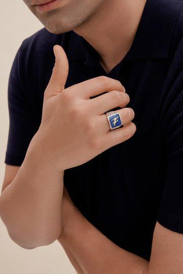 Lapis Crane Filigree Ring Silver - Men