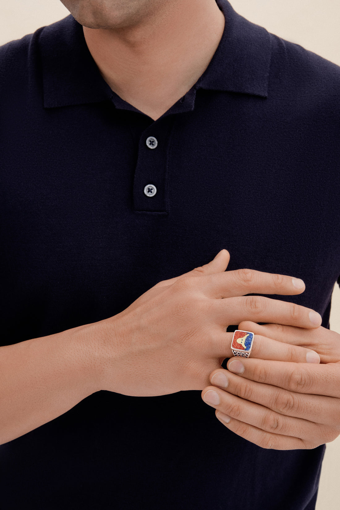 Lapis&Coral Bull Filigree Unisex Ring