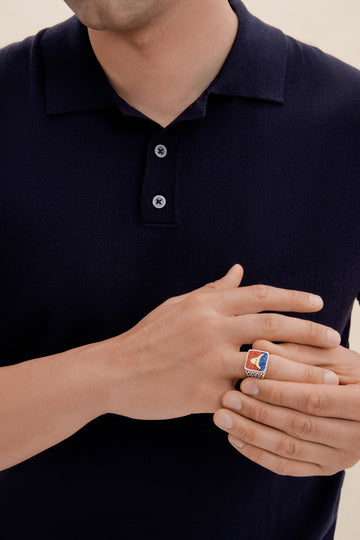 Lapis&Coral Bull Filigree Ring - Men