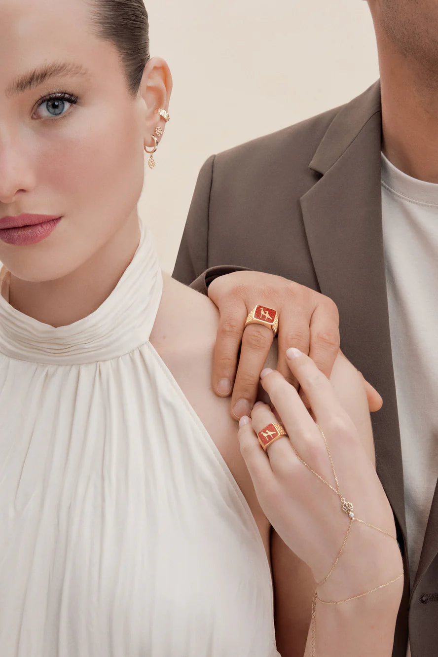 Coral Crane Filigree Ring Couple Set