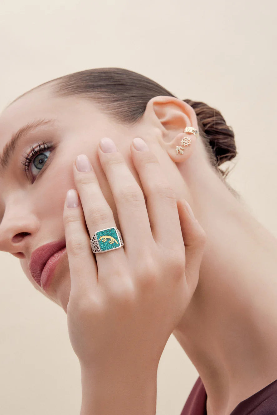 Turquoise Fox Filigree Ring Couple Set