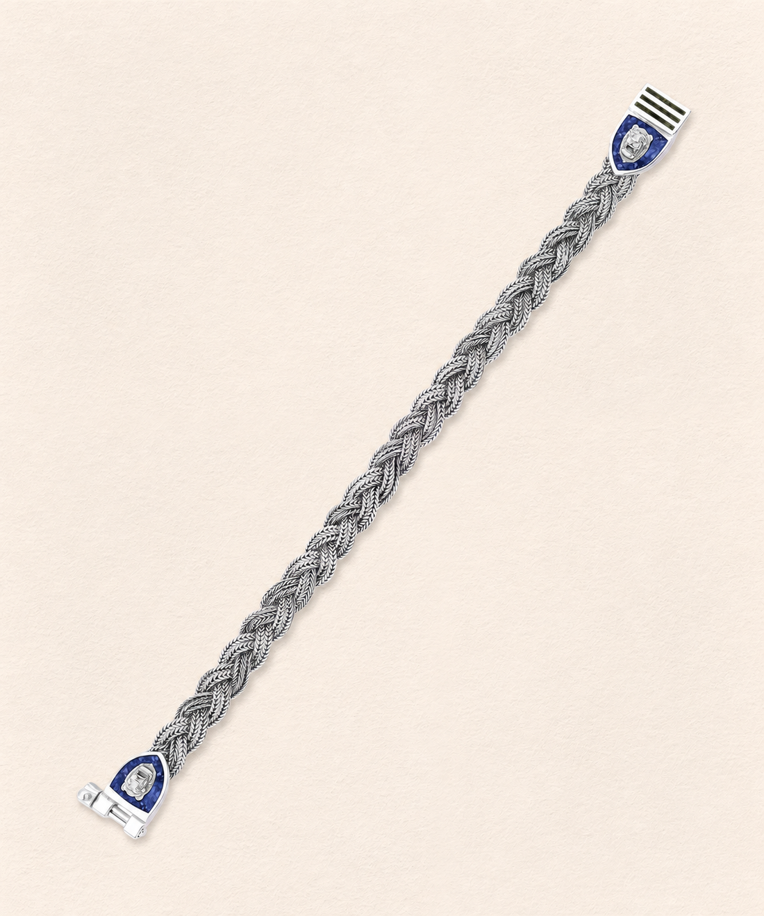 Assyrian Lion Lapis&Azurite Braided Bracelet Silver