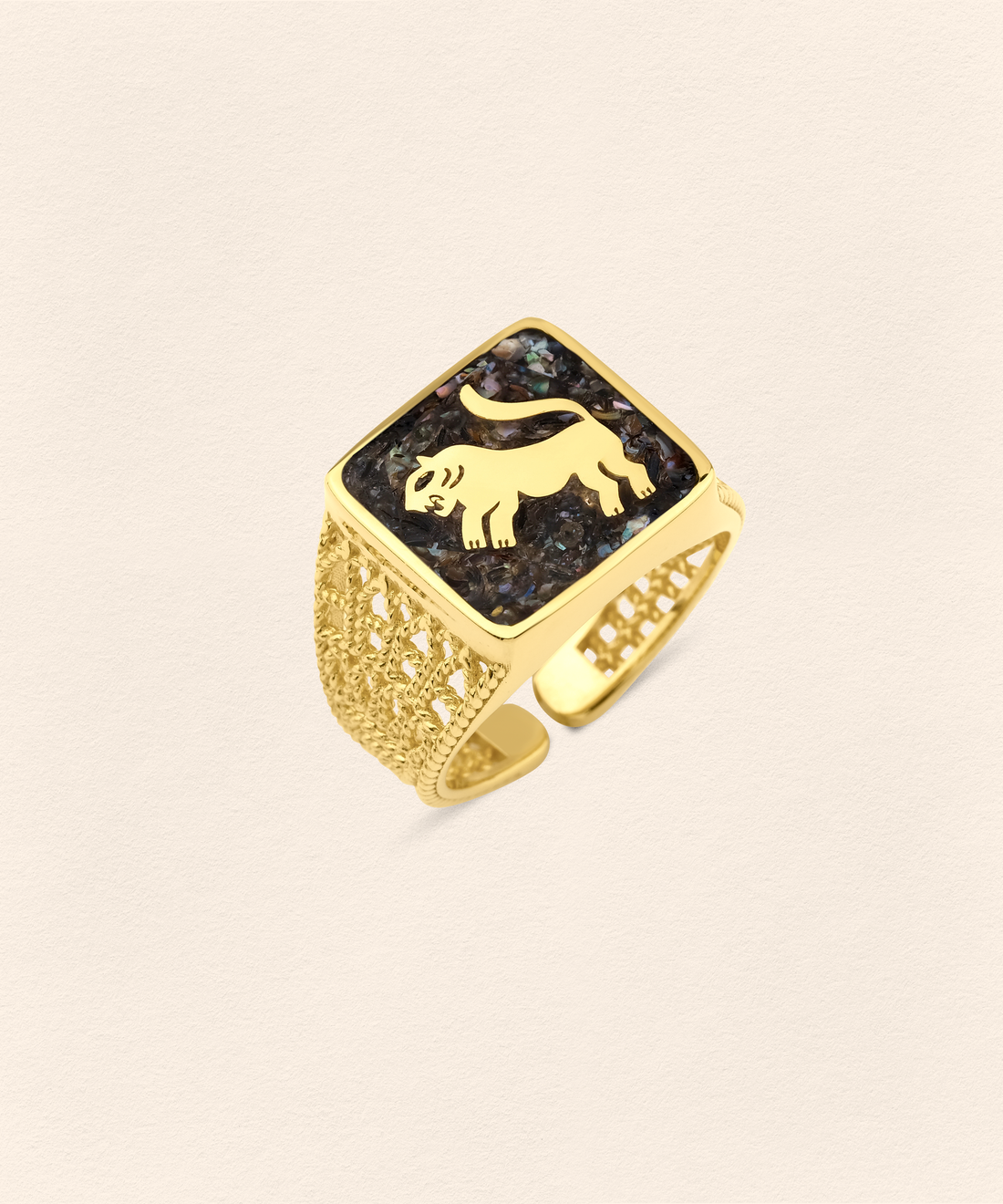 Black Pearl Lion Filigree Ring Couple Set