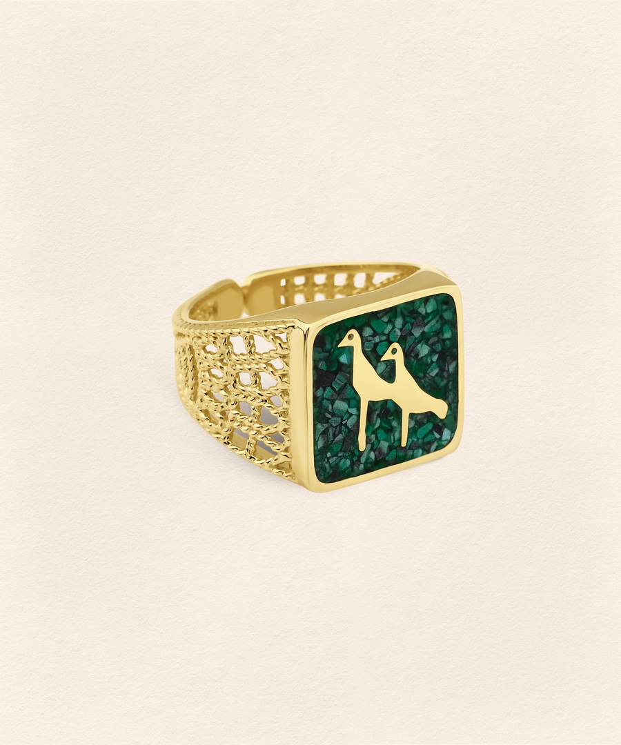 Malachites Crane Filigree Ring - Men