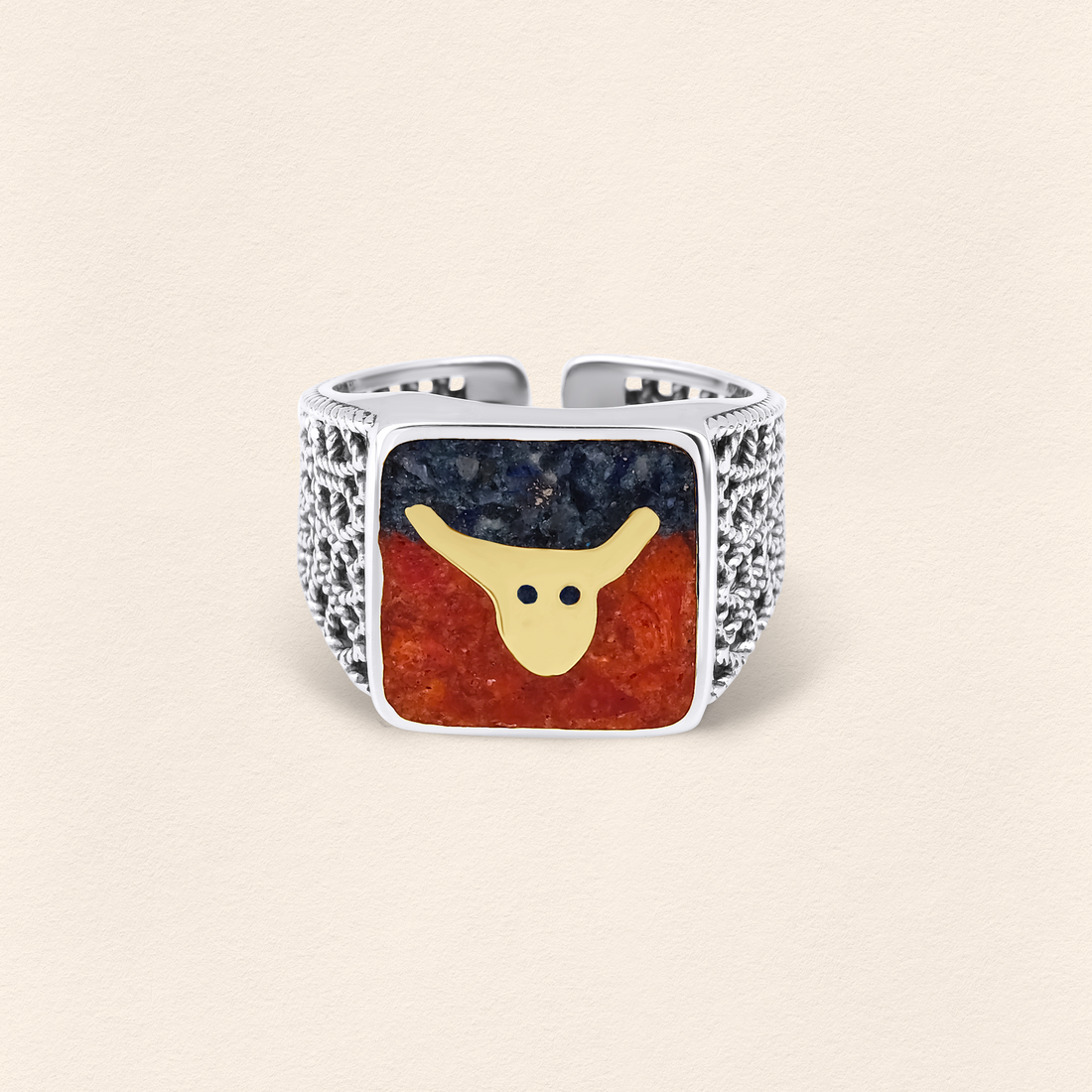 Lapis&Coral Bull Filigree Unisex Ring