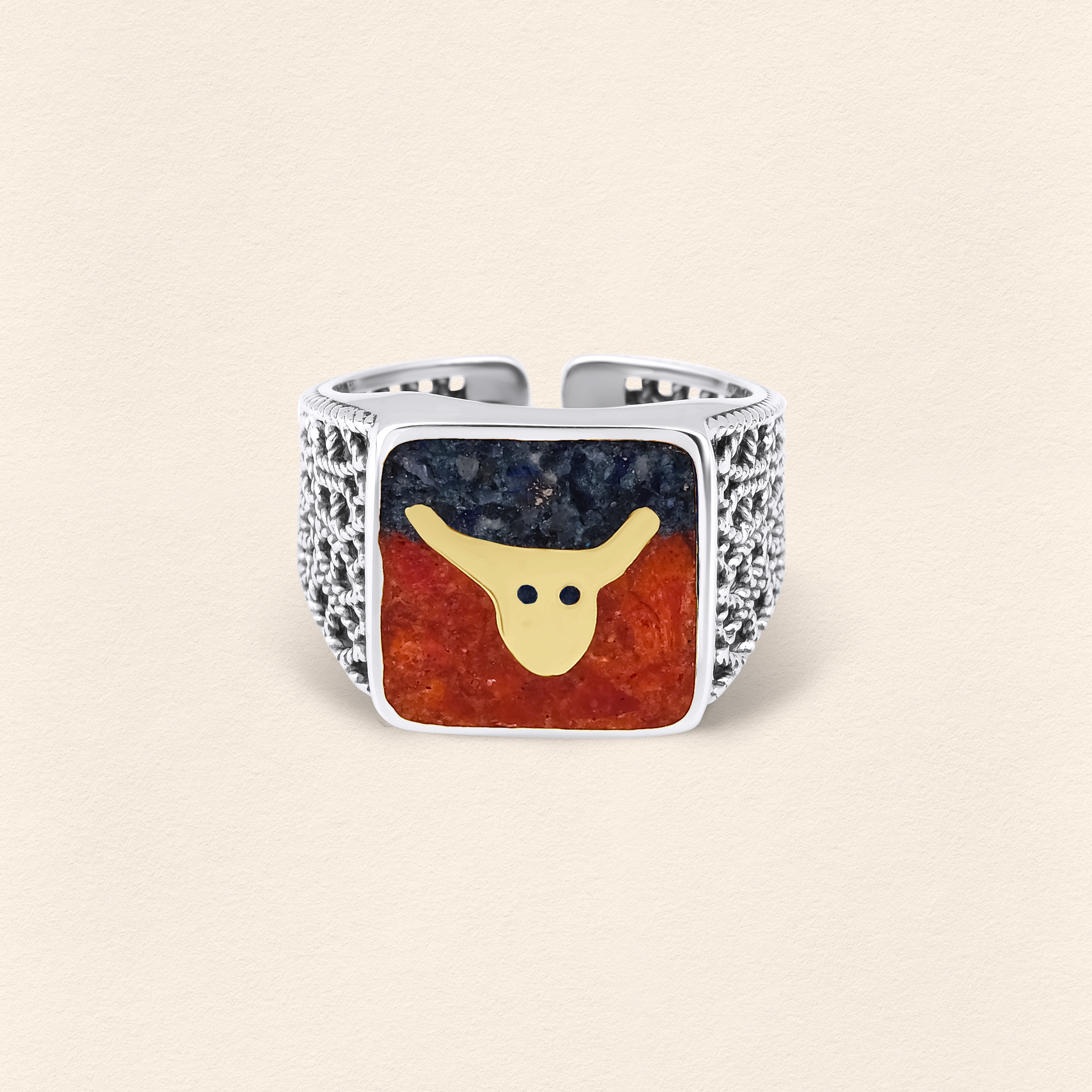 Lapis&Coral Bull Filigree Unisex Ring