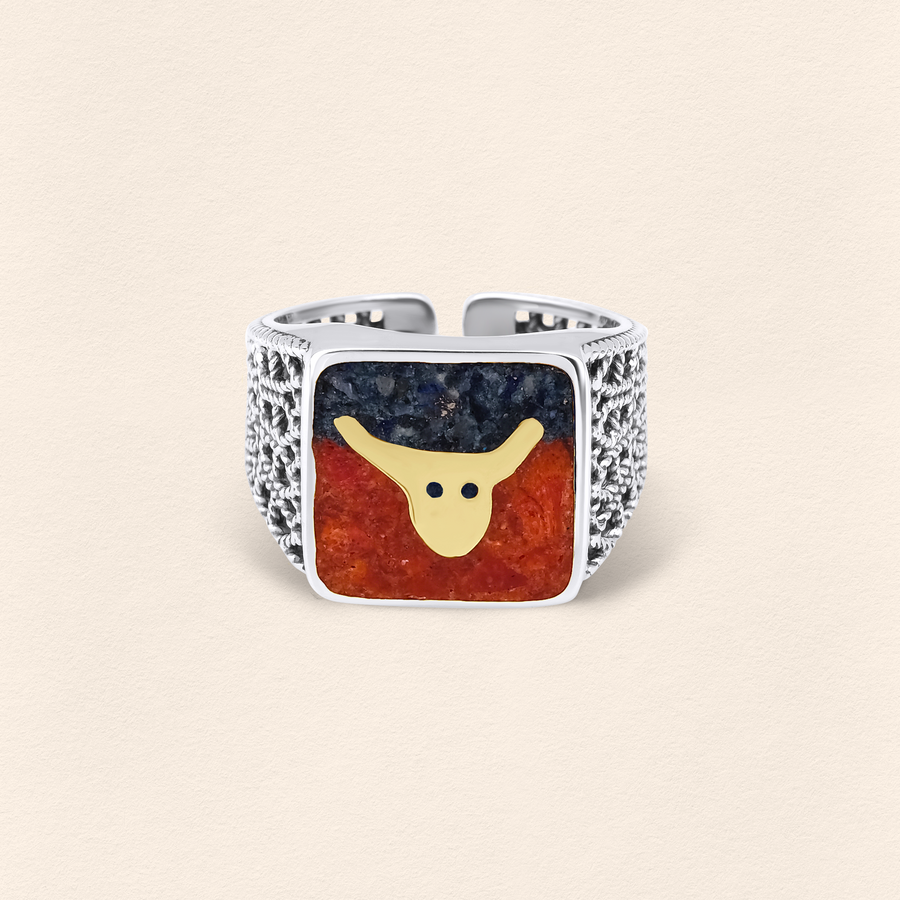 Lapis&Coral Bull Filigree Unisex Ring