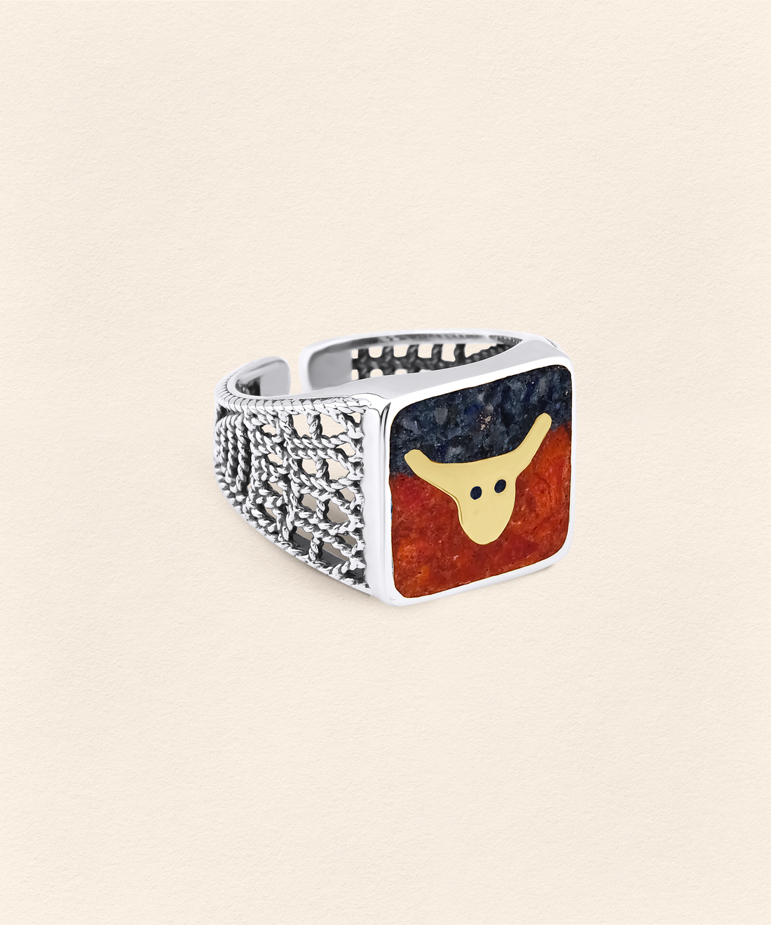 Lapis&Coral Bull Filigree Unisex Ring