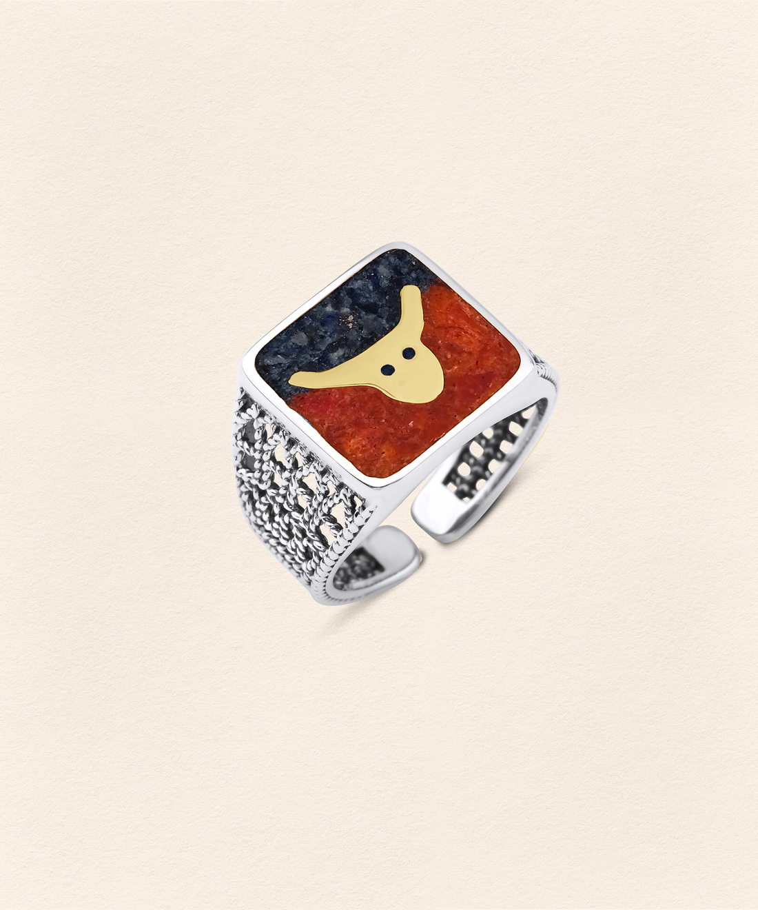 Lapis&Coral Bull Filigree Unisex Ring