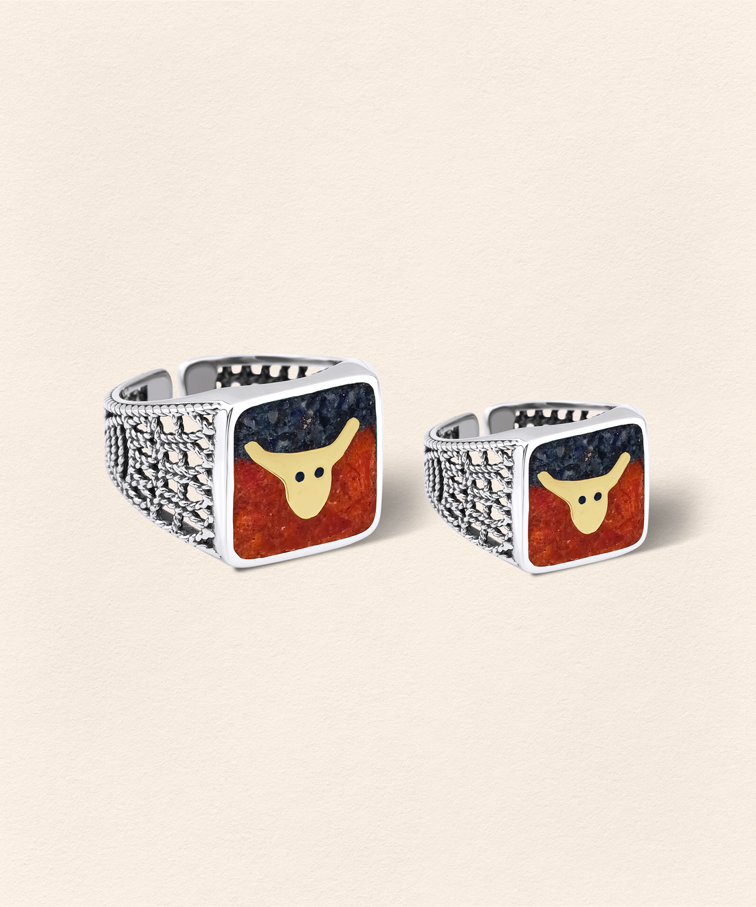 Lapis&Coral Bull Filigree Unisex Ring