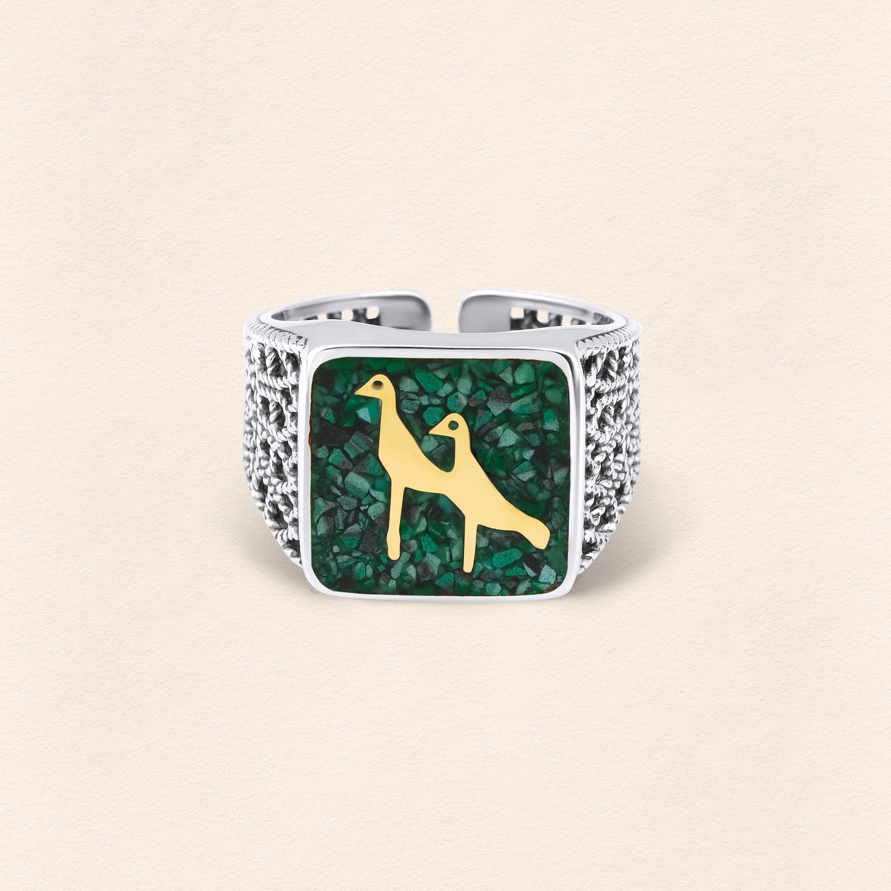 Malachites Crane Filigree Unisex Ring Silver