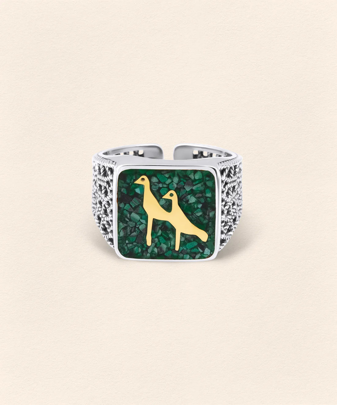 Malachite Crane Filigree Ring Silver Couple Set