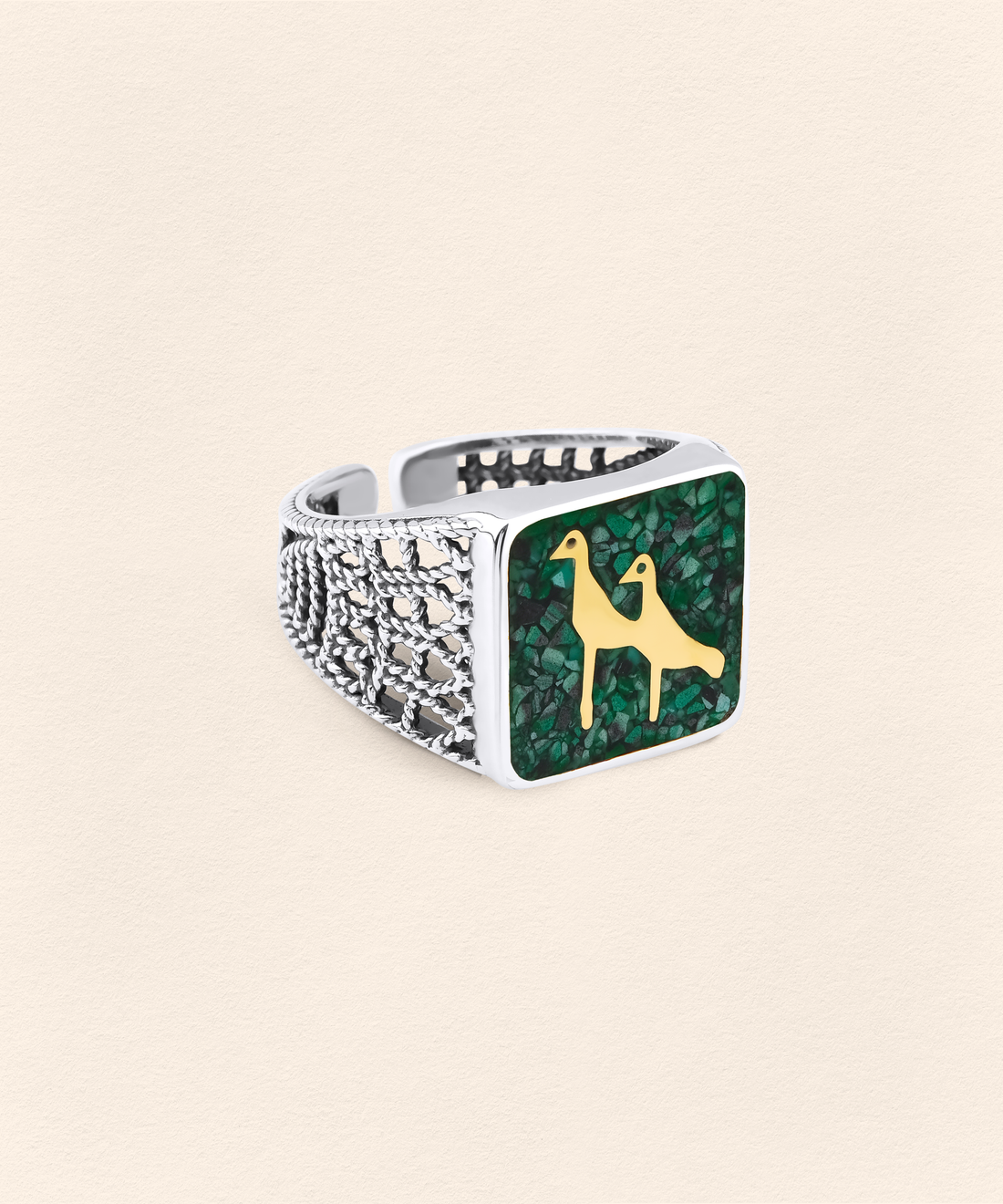 [COMMON] Malachite Crane Filigree Unisex Ring Silver product detail