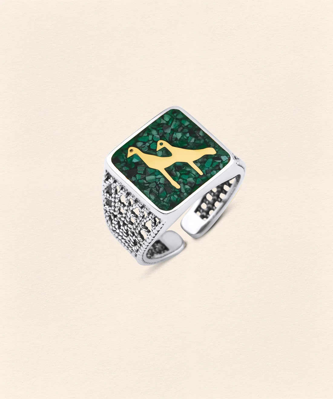 Malachite Crane Filigree Ring Silver Couple Set