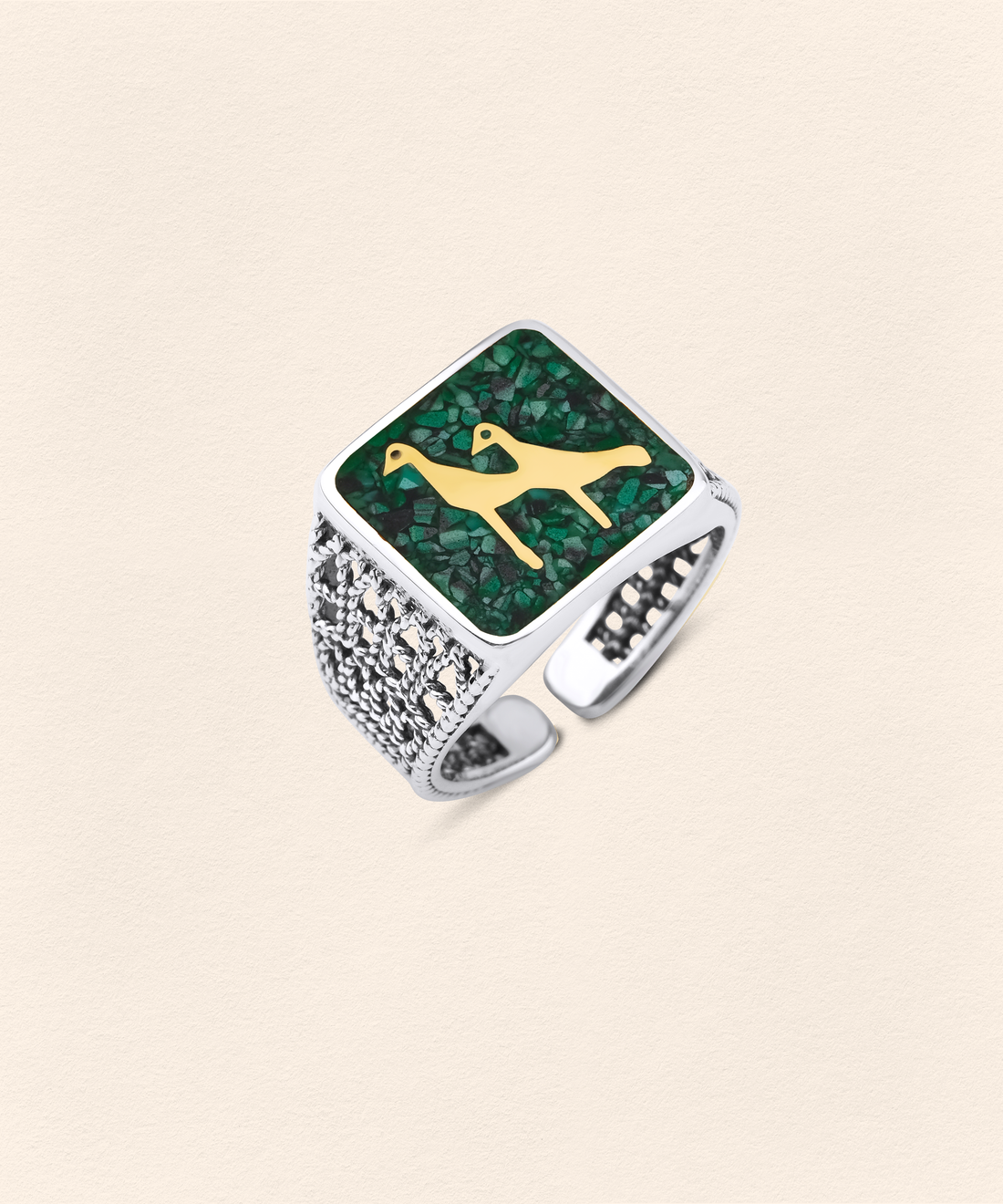 [COMMON] Malachite Crane Filigree Unisex Ring Silver product detail