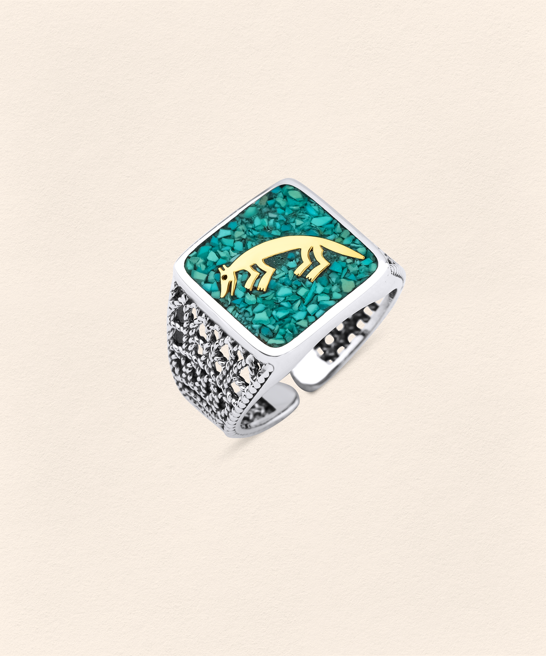 Turquoise Fox Filigree Ring Couple Set