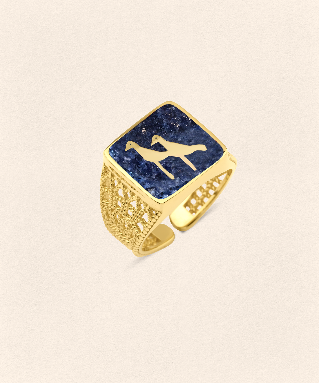 Lapis Crane Filigree Unisex Ring