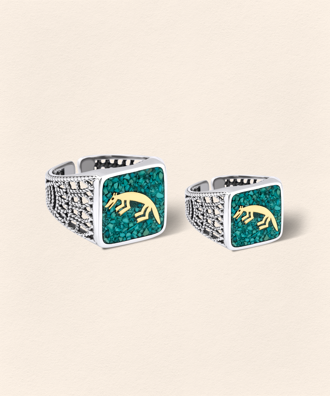Turquoise Fox Filigree Ring Couple Set
