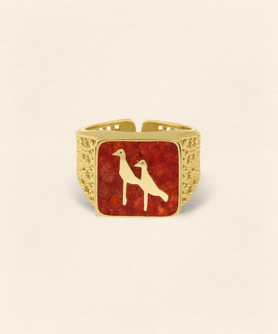 Coral Crane Filigree Ring Couple Set